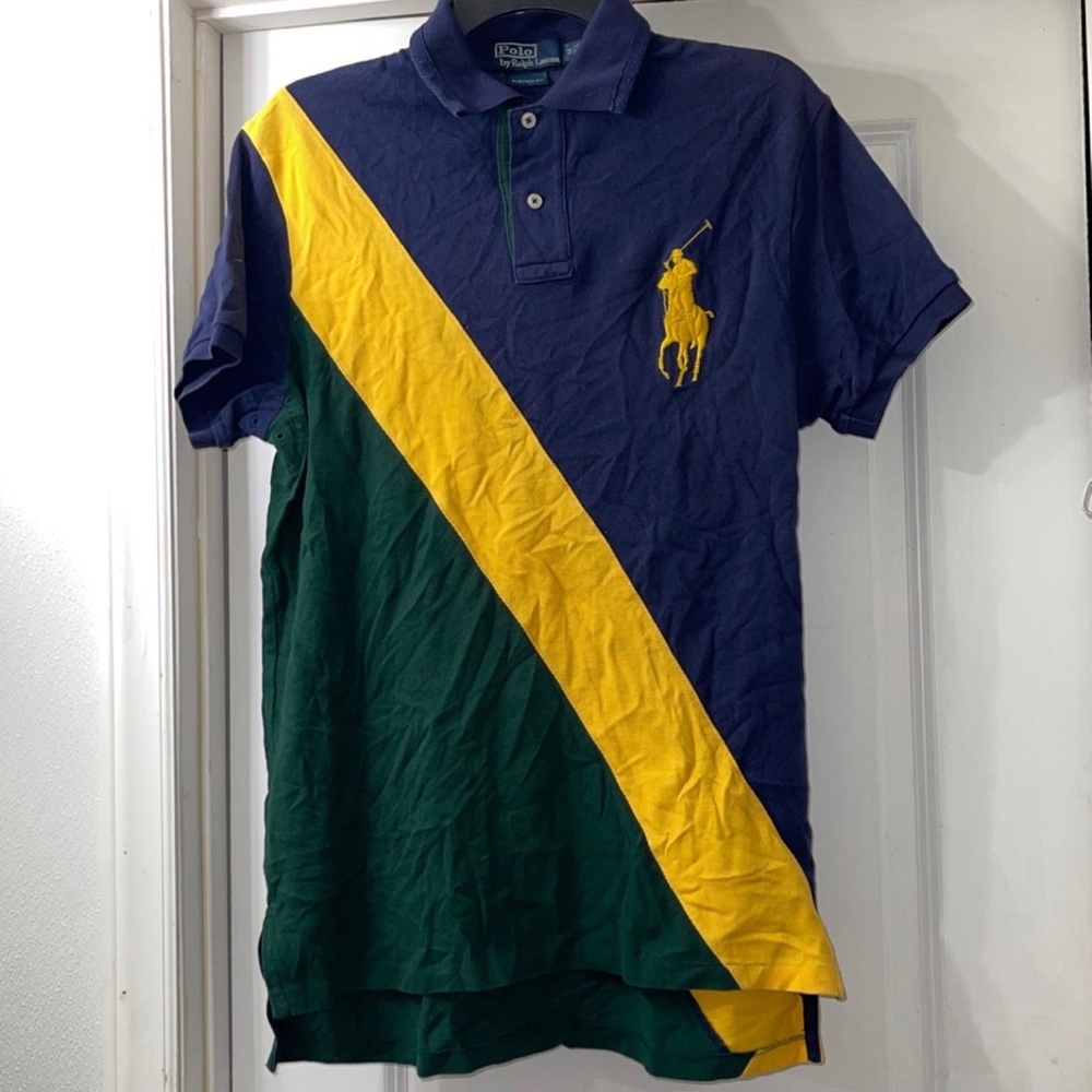 Polo by Ralph Lauren Men's Navy, Green & Yellow Diagonal Stripe Polo Shirt